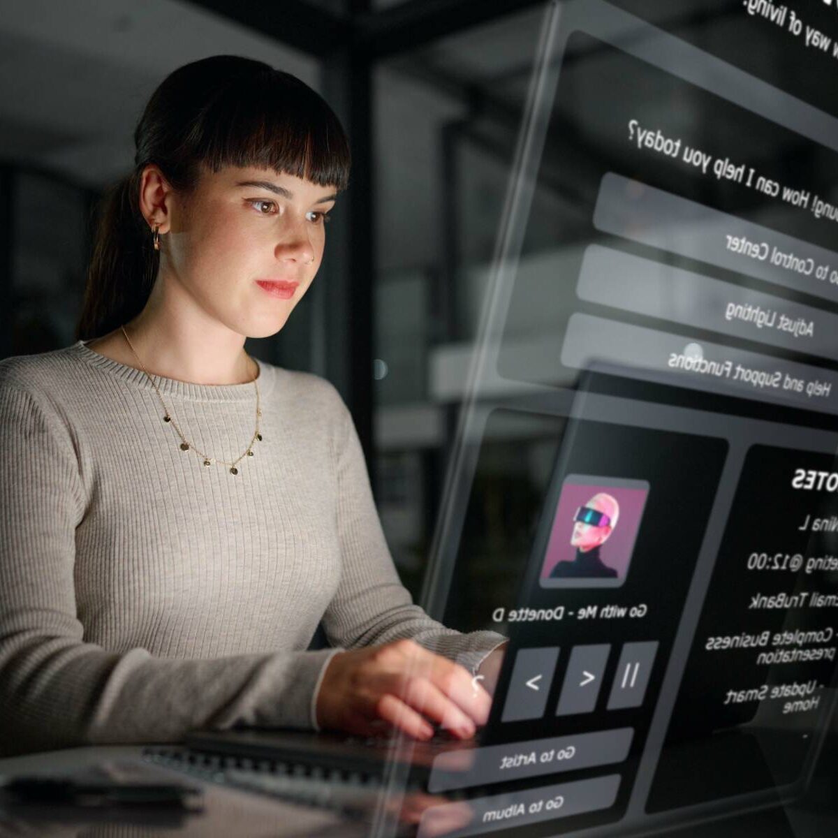 Overlay, night or woman typing a schedule online, planning goals on digital notes or diary in a smart office. Person networking or researching on a futuristic 3d technology app or hologram screen.