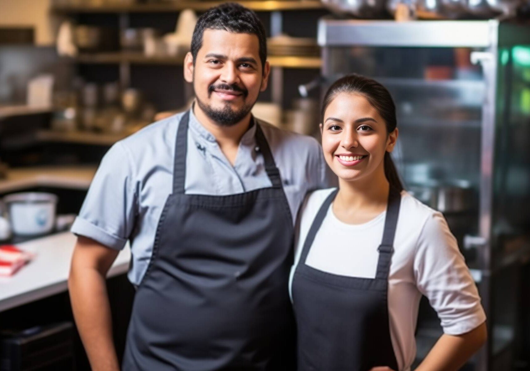 Smiling young hispanic couple posing at their restaurant kitchen